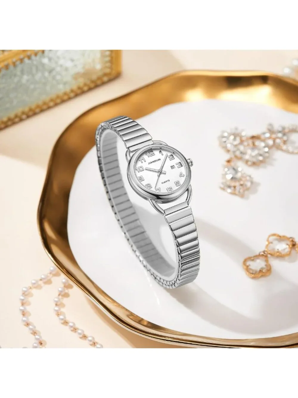 Elegant Waterproof Gold Watch for Women, Stainless Steel Expansion Band, Classic